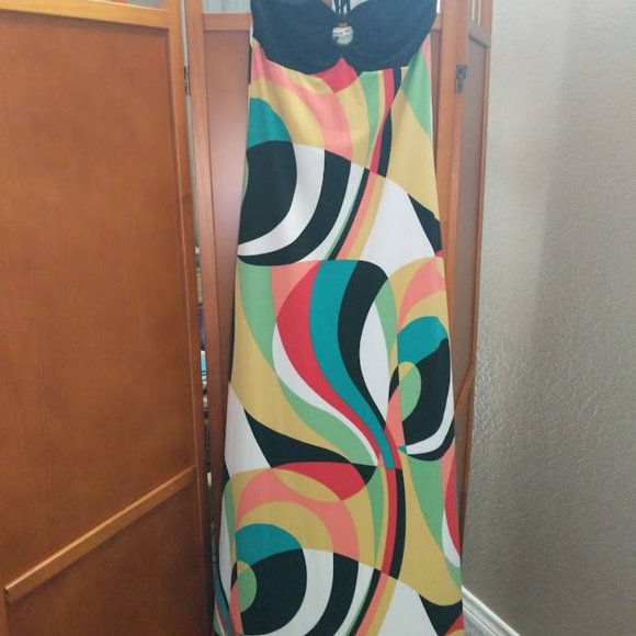 [M] Abstract Multicolor Swirl Stretch Bodycon Halter Maxi Dress - Picture 8 of 16